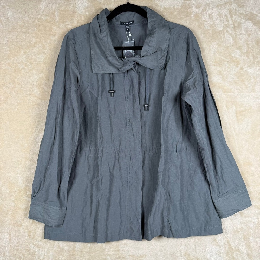 Eileen Fisher NWT Hooded Dolman Jacket Med Steel Grey Rumpled Cotton Lagenlook
